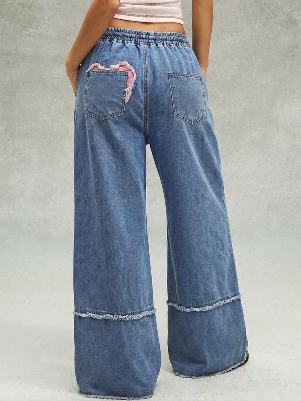 Heart patchwork pants Wide Leg Denim Patch Heart Pants distressed Blue - Picture 3 of 4